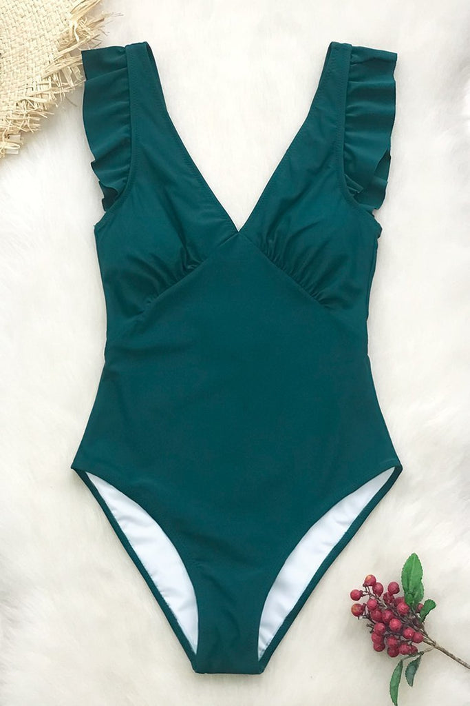 Solid Teal Plunging One-Piece Swimsuit