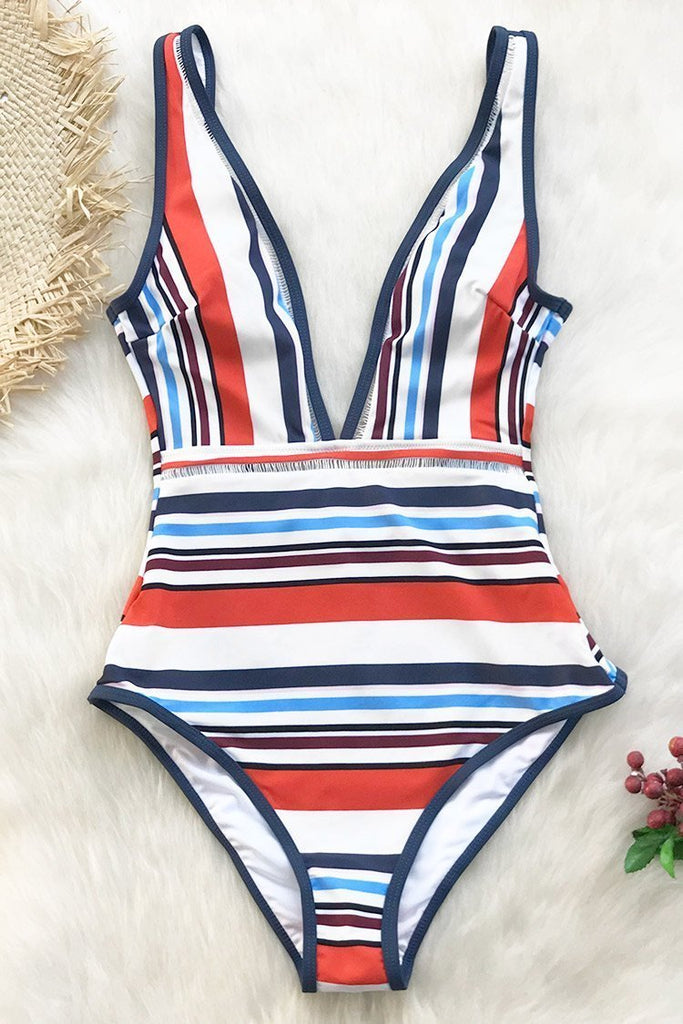 Colorful Stripe Plunging One-Piece Swimsuit