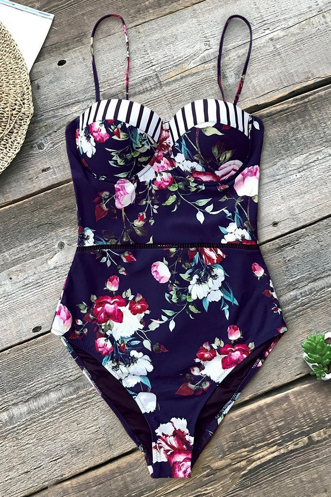 Vivid Floral and Stripe One-Piece Swimsuit