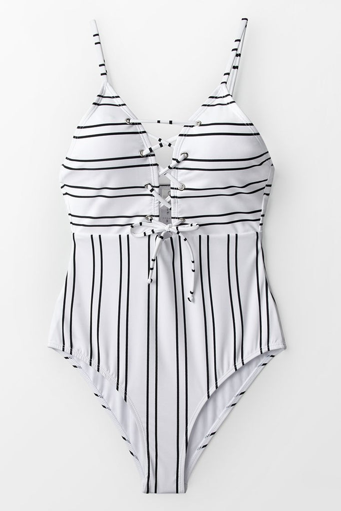 Black And White Lace-Up One-Piece Swimsuit