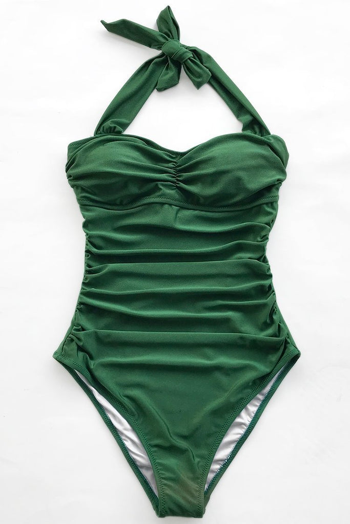 Forest Green Shirring One-piece Swimsuit