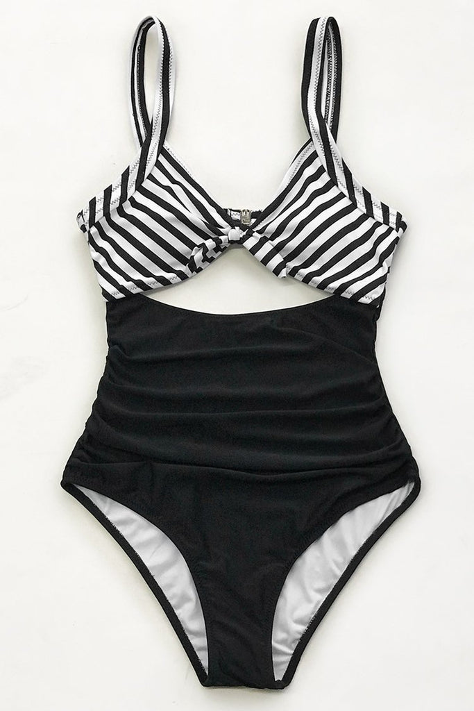 Black And White Ruched One-Piece Swimsuit