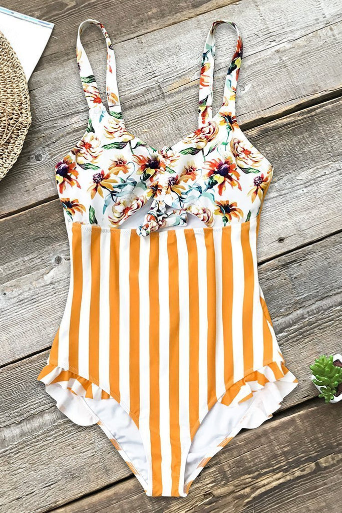 Orange Floral and Stripe One-Piece Swimsuit