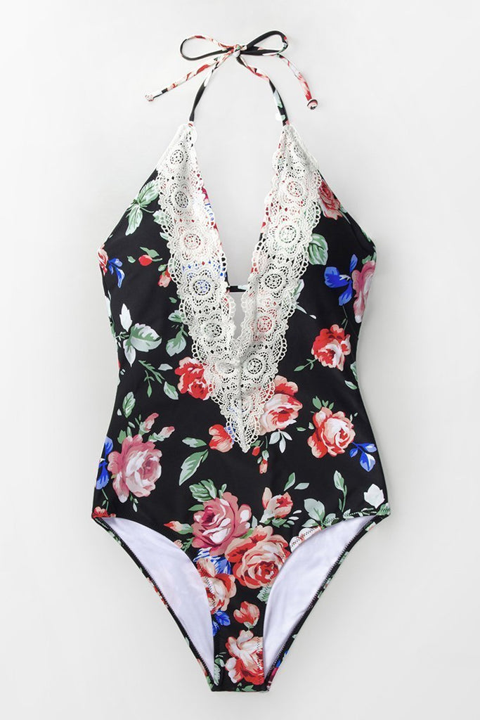 Crochet Trim Plunge One Piece Swimsuit