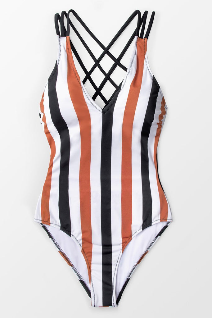 Black White and Burnt Orange Stripe One-piece Swimsuit