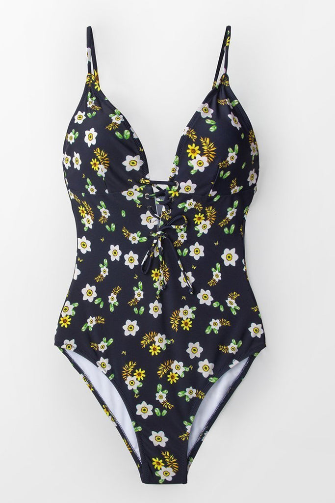 Frangipani Print Lace-Up One-Piece Swimsuit