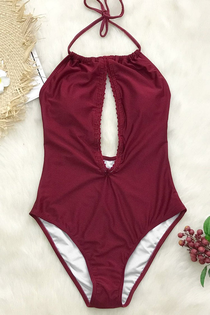 Romantic Burgundy Halter One-piece Swimsuit