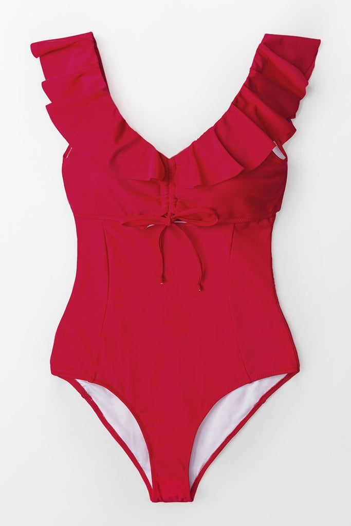 Ruby Red Ruffled One Piece Swimsuit