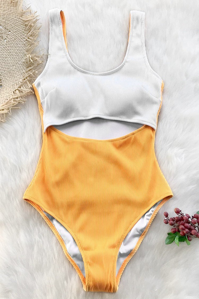 White and Yellow Cut Out One-Piece Swimsuit