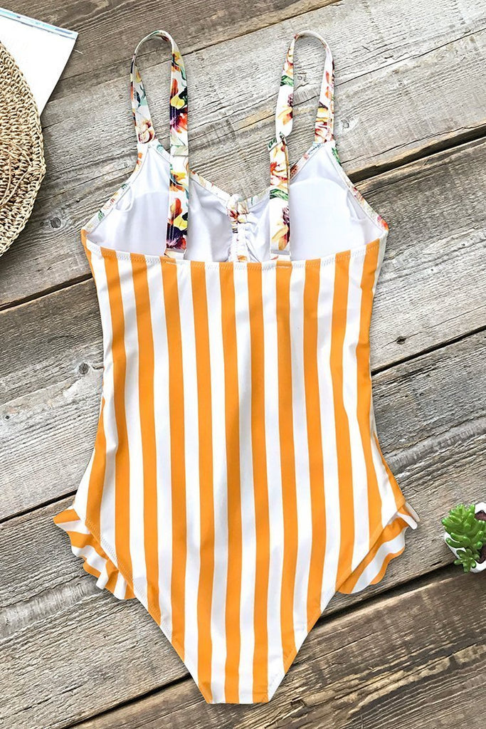 Orange Floral and Stripe One-Piece Swimsuit