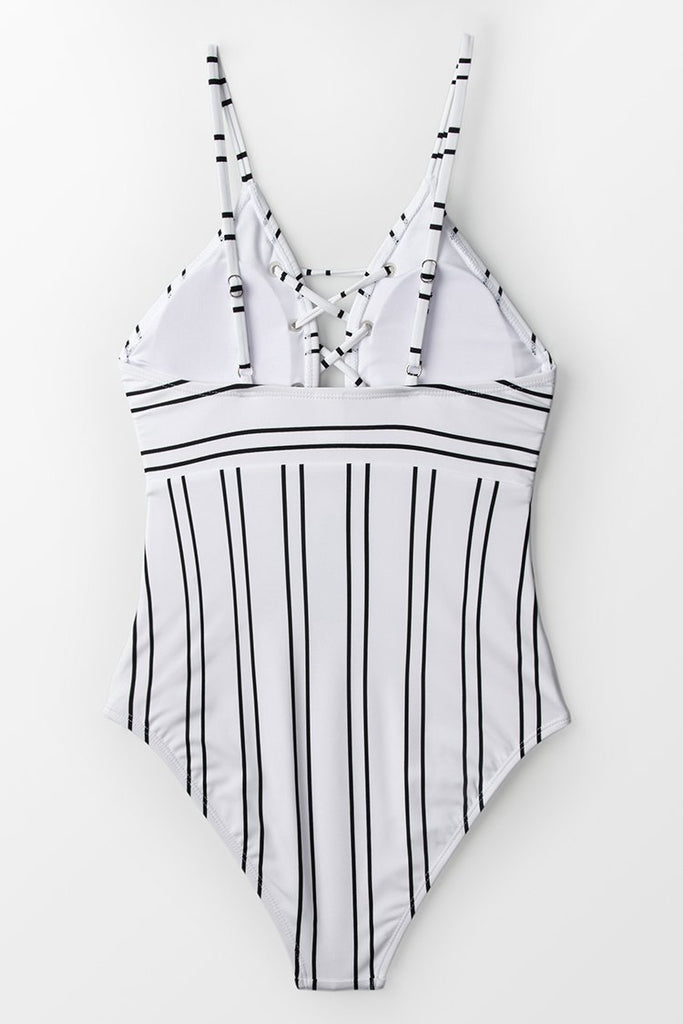 Black And White Lace-Up One-Piece Swimsuit