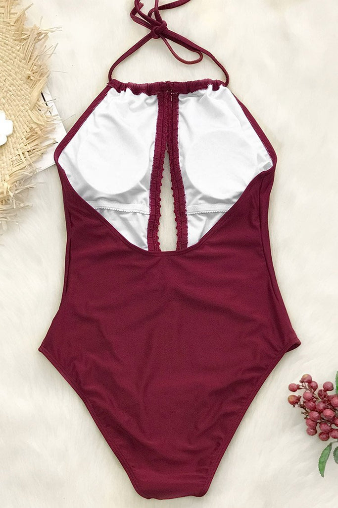 Romantic Burgundy Halter One-piece Swimsuit