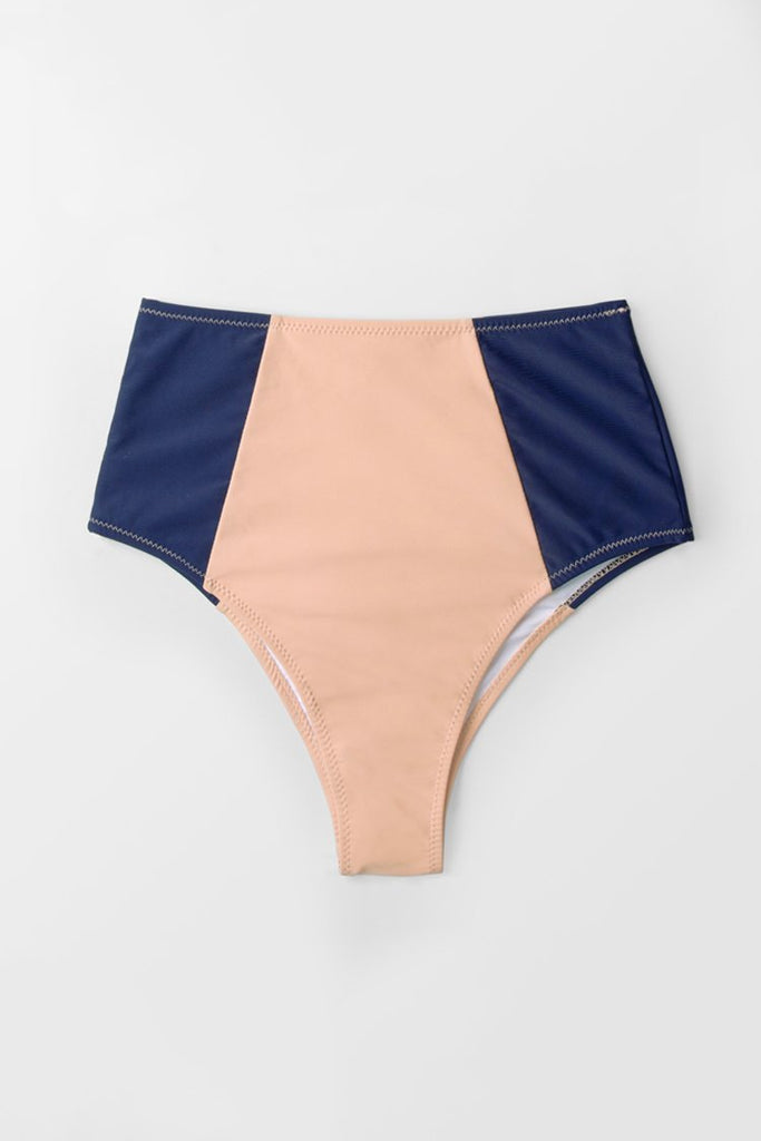 Blue And Apricot Block High-waisted Bikini Bottom