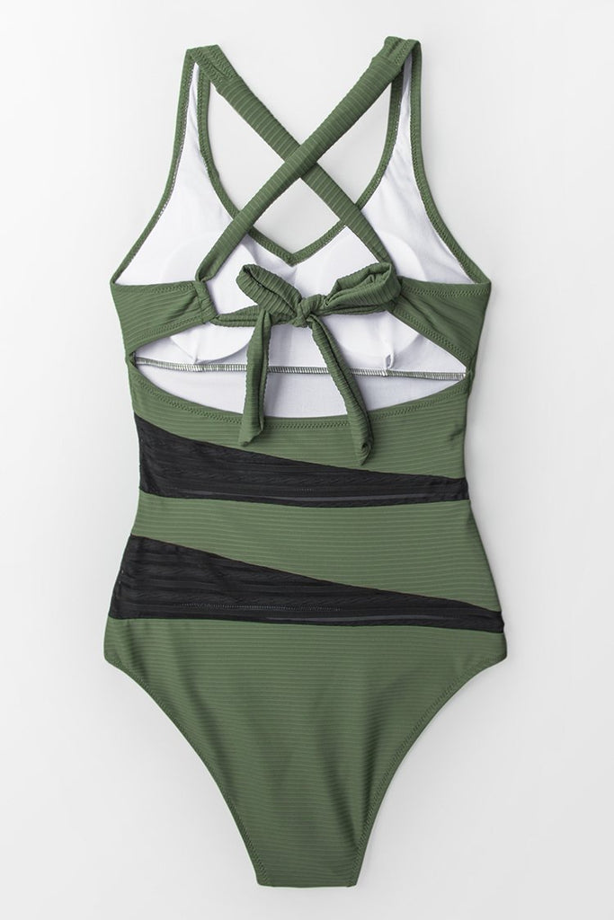 Olive Green Back Tie One-piece Swimsuit