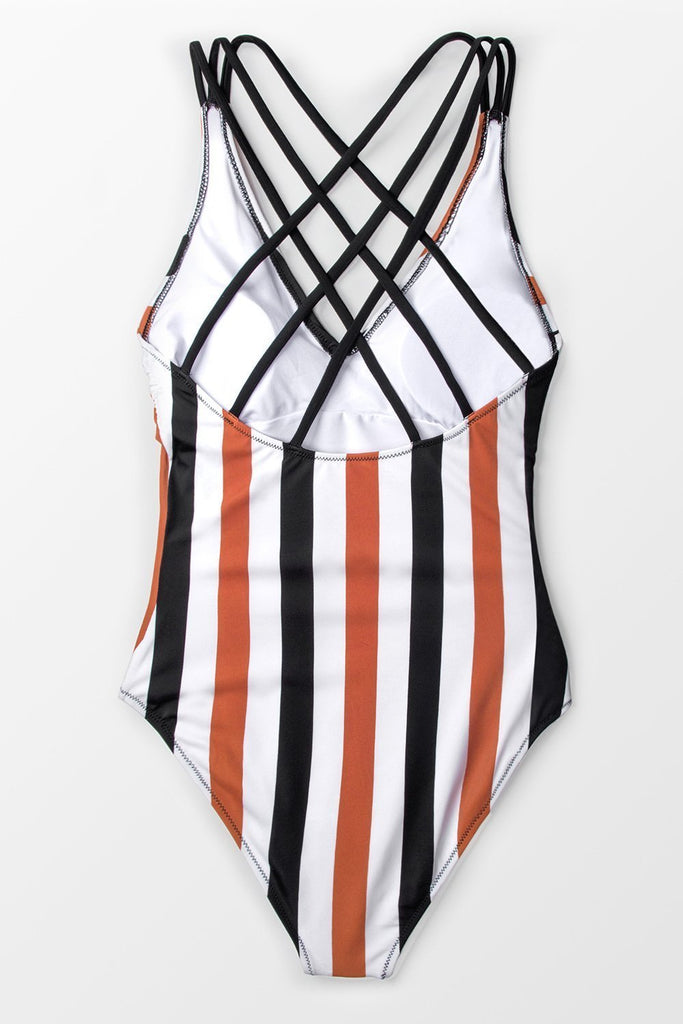 Black White and Burnt Orange Stripe One-piece Swimsuit