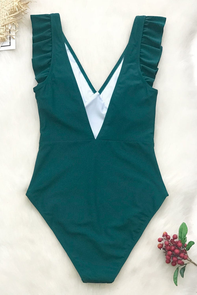 Solid Teal Plunging One-Piece Swimsuit