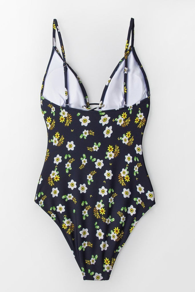 Frangipani Print Lace-Up One-Piece Swimsuit