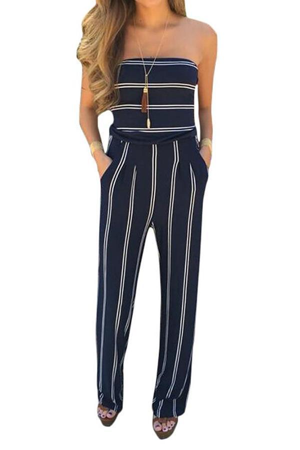 Blue Fashion Stripe Print Backless Jumpsuits