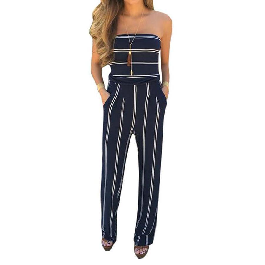 Blue Fashion Stripe Print Backless Jumpsuits