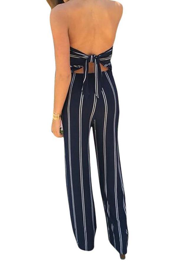 Blue Fashion Stripe Print Backless Jumpsuits