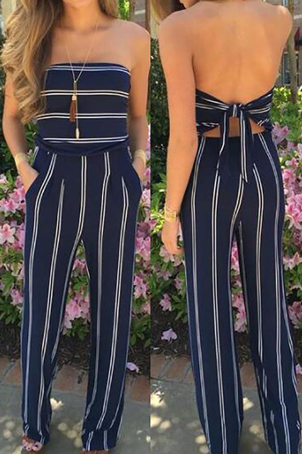 Blue Fashion Stripe Print Backless Jumpsuits