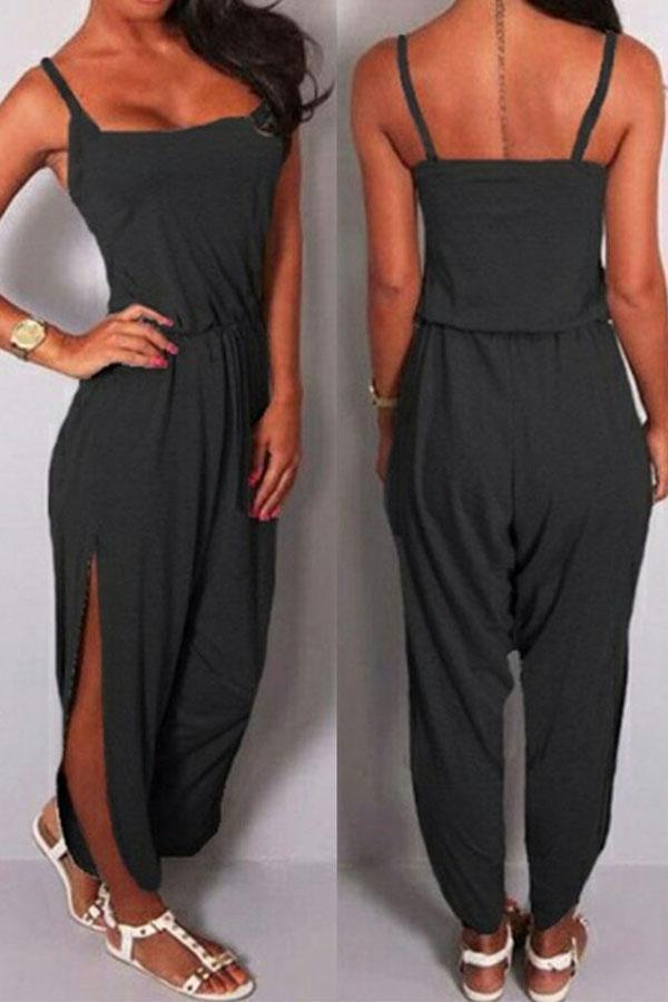 Casual Elastic Waist Split Jumpsuit