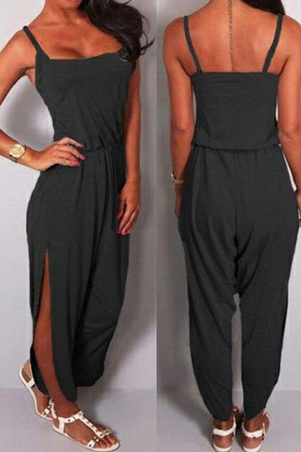 Casual Elastic Waist Split Jumpsuit