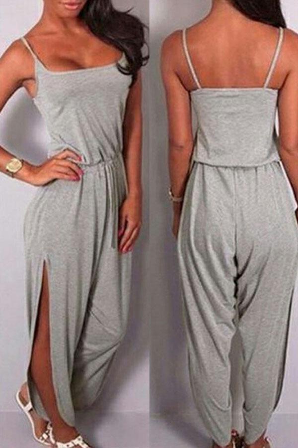 Casual Elastic Waist Split Jumpsuit