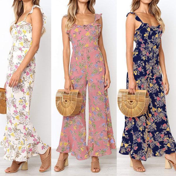 Backless Sleeveless Sling Jumpsuit Ruffled Strap Wide Leg Pants