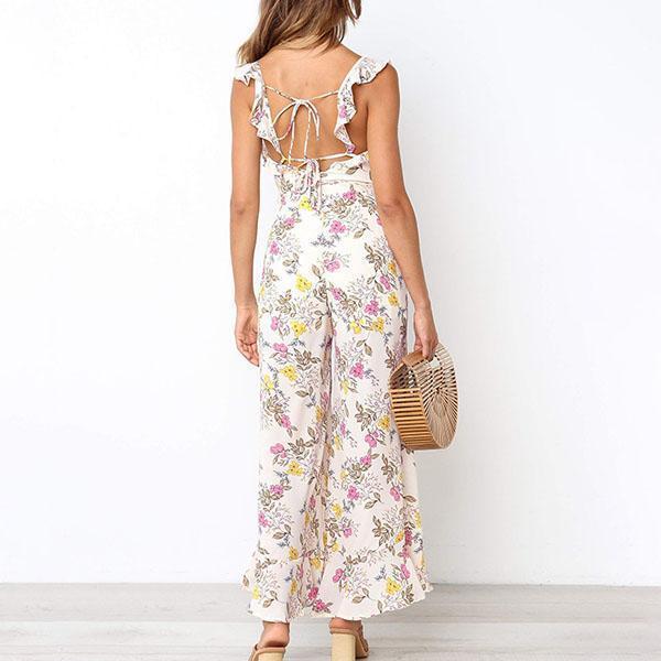 Backless Sleeveless Sling Jumpsuit Ruffled Strap Wide Leg Pants