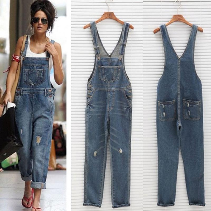 2019 New Stylish Women Denim Overalls Scratched Washed Ripped Hole Jumpsuits