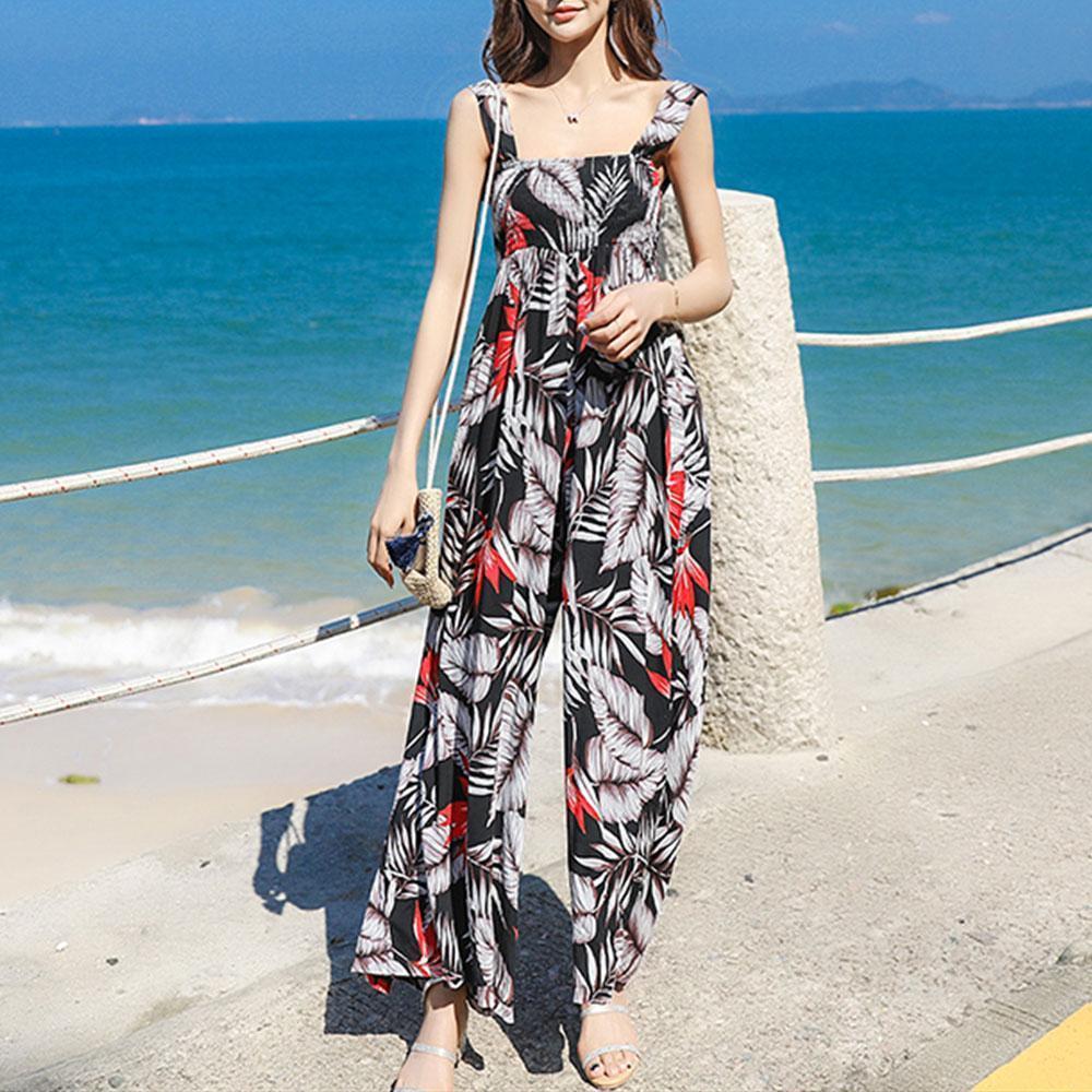 Bohemian Printed Backless Long Beach Jumpsuit