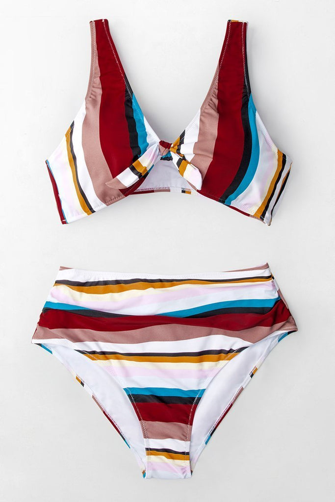 Colorful Stripe Tie Front Bikini Top