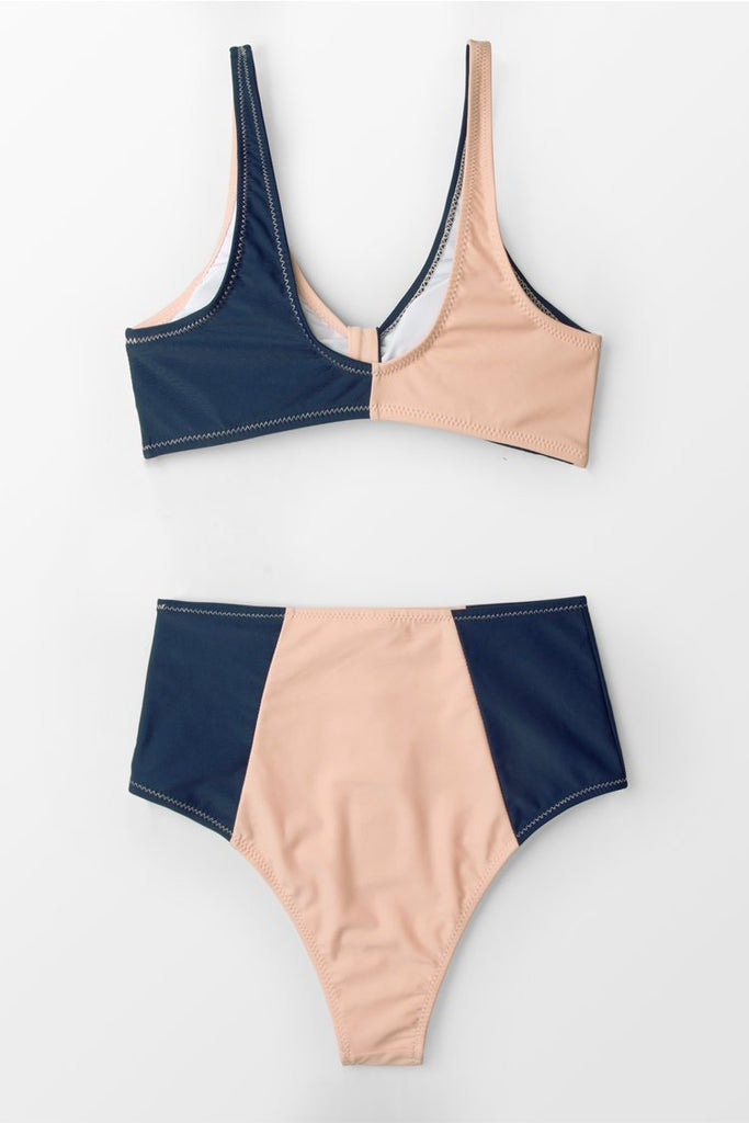 Blue And Apricot Block High-waisted Bikini Bottom