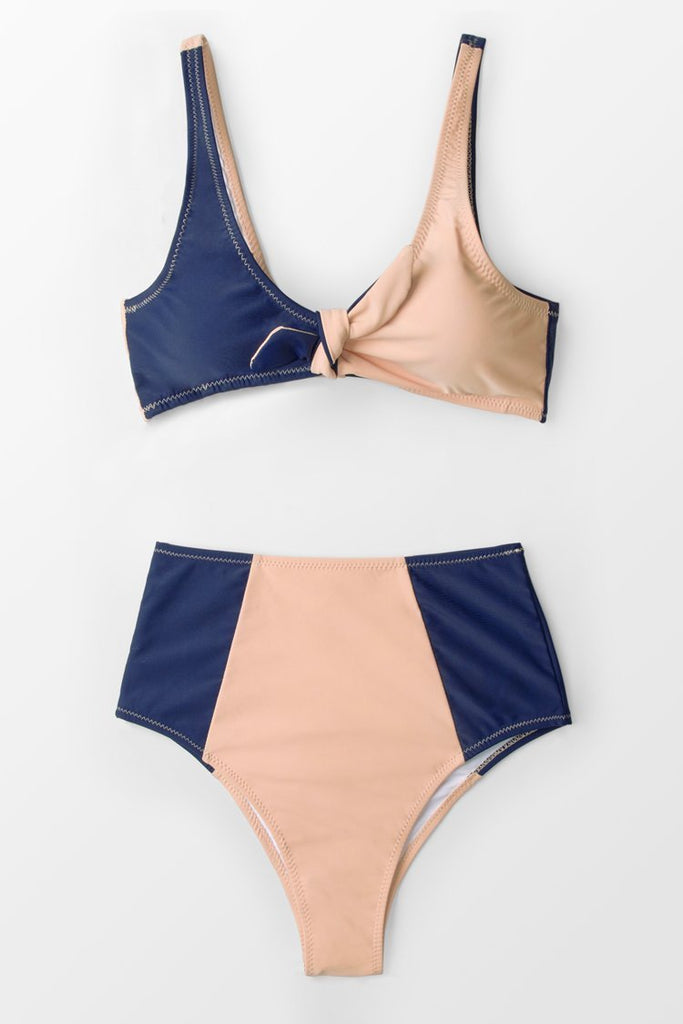 Blue And Apricot Block High-waisted Bikini Bottom