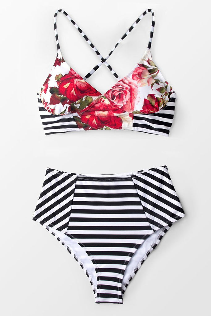 Black And White Stripe High-waisted Bikini Bottom