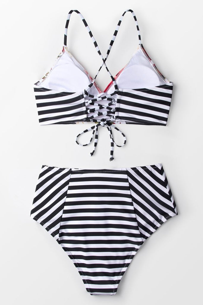 Black And White Stripe High-waisted Bikini Bottom