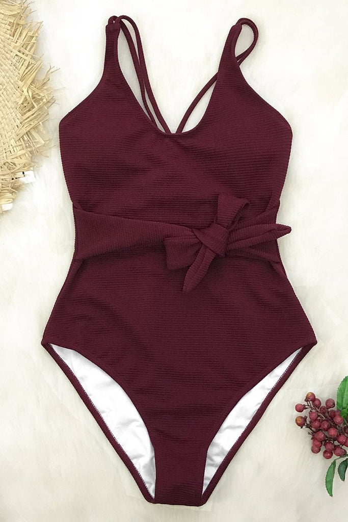 Wine Red Bowknot One-Piece Swimsuit