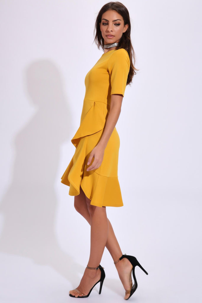 Mustard Short Sleeved Ruffle Hem Dress