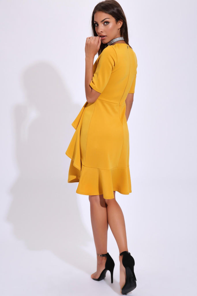 Mustard Short Sleeved Ruffle Hem Dress