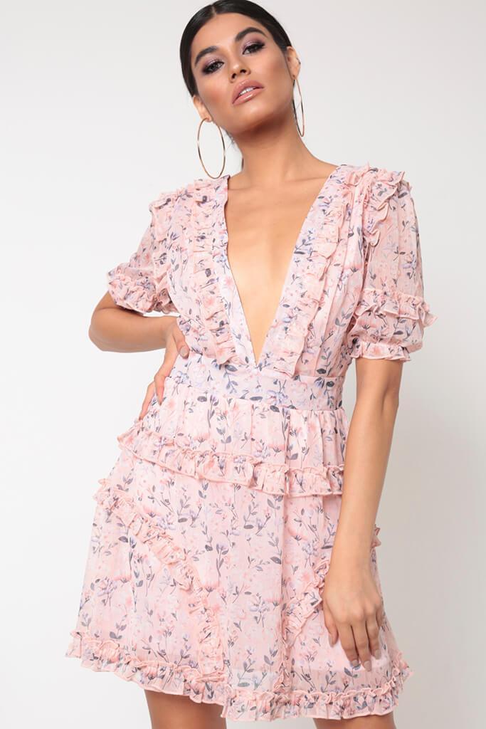 Pink Floral Frill Deep Plunge Skater Dress