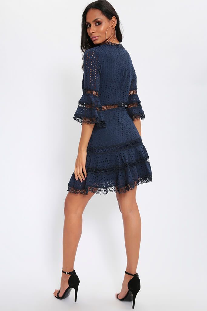 Navy Broderie Anglais Crochet Trim Skater Dress