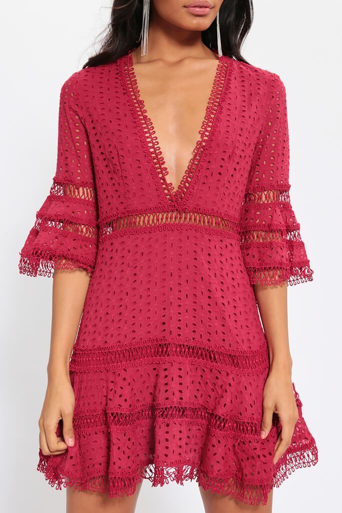 Berry Broderie Anglais Crochet Trim Skater Dress