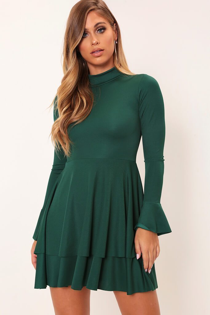 Green High Neck Flare Sleeve Swing Dress