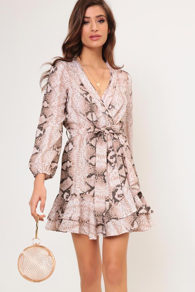 Beige Snake Print Wrap Tea Dress