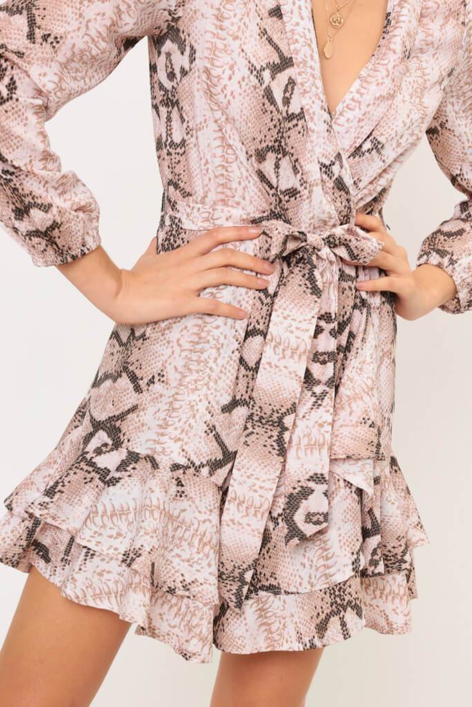 Beige Snake Print Wrap Tea Dress