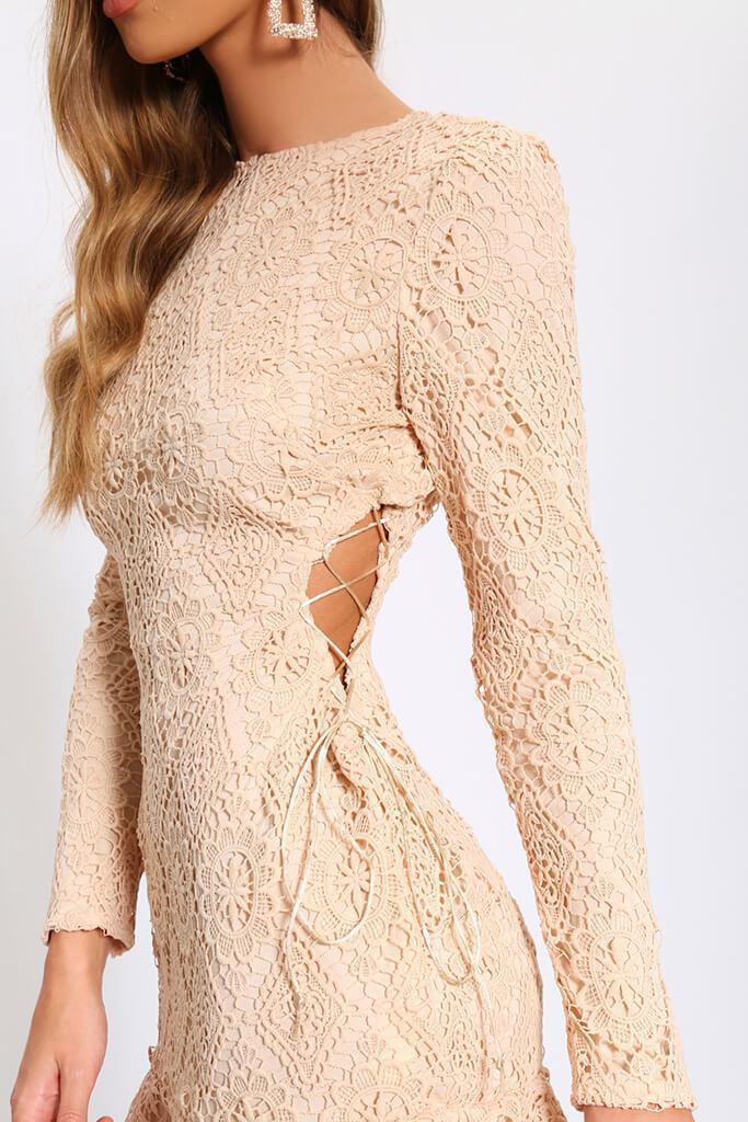 Nude Crochet Lace Up Side Mini Dress With Frill Hem