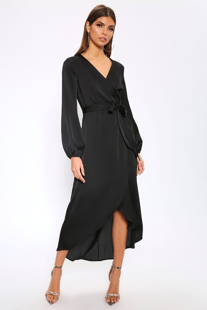 Black Satin Wrap Maxi Dress