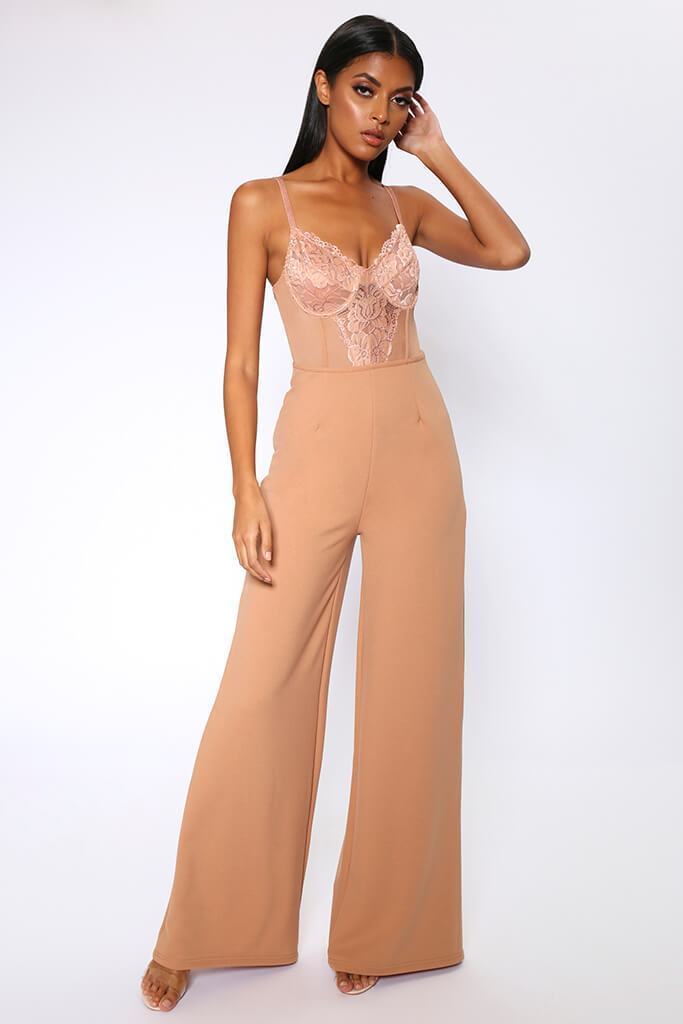 Camel Lace Bodysuit Style Wide Leg Jumpsuit