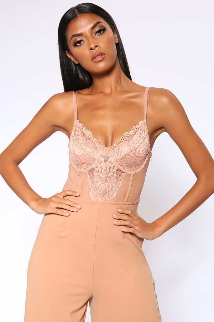 Camel Lace Bodysuit Style Wide Leg Jumpsuit